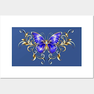 Sapphire Butterfly with Gold Pattern Posters and Art